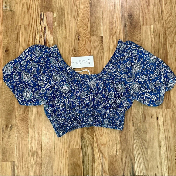 NWT Joie Floral Blue Paisley Crop Top Off Shoulder Puff Sleeves Size XS - Picture 4 of 5